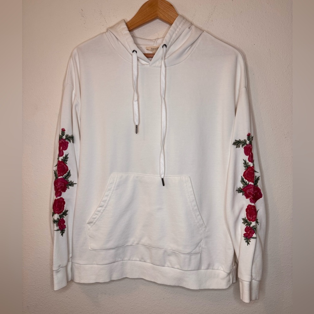 ODDY White Hoodie with Red Floral Embroidery